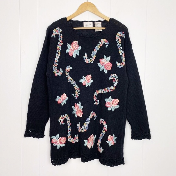 Vintage 90s Katie Lee Tunic Sweater Medium Cottagecore Knit Embroidered Floral - Picture 2 of 9